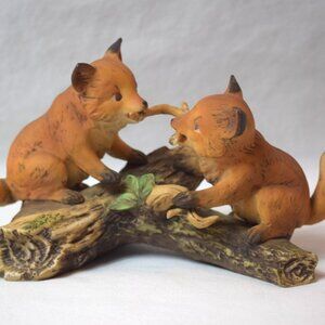 1981 Home Interiors Homco 2 Fox Cubs Playing on Log